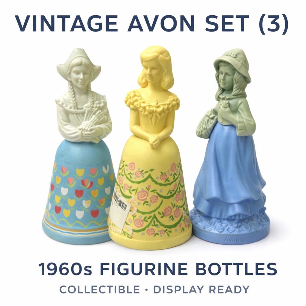“Vintage Avon Figurine Bottle Lot (3) Dutch Maid + Southern Belle+Colonial Girl